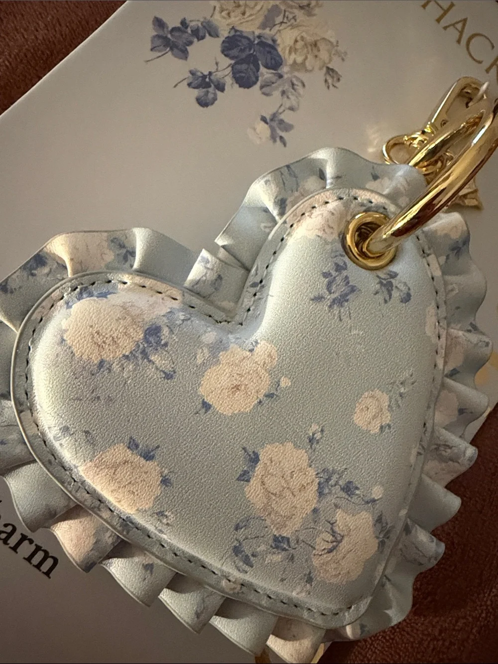 LoveShackFancy Blue Floral Heart Keychain Charm with Gold Hardware